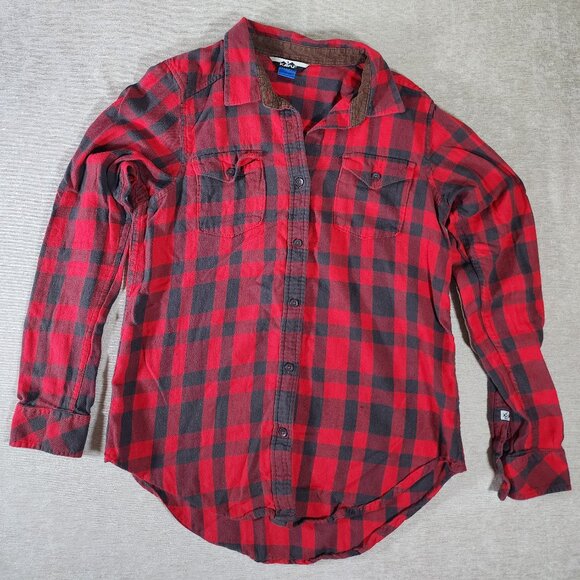 Kavu Women's Button Up Flannel Red Plaid Elbow Patch Small - Picture 1 of 6